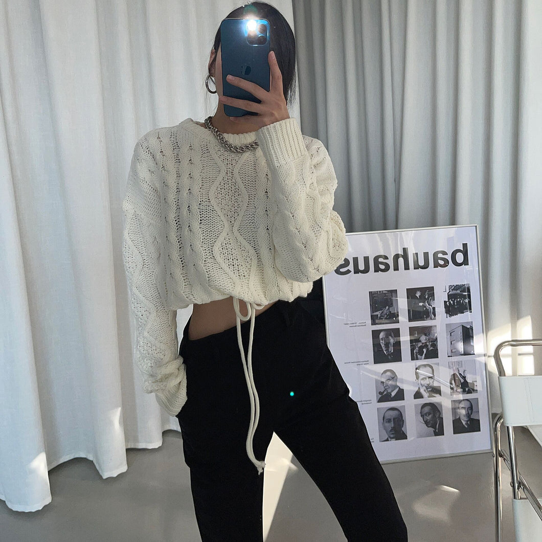 New round neck rope twist sweater pure color loose knit short versatile blouse