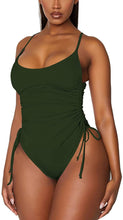 Load image into Gallery viewer, Women Casual Swimsuit U shape Collar Sleeveless Pleated Backless Sling Drawstring Solid Color Bikini Suit For Summer Beach|Bikini Set|
